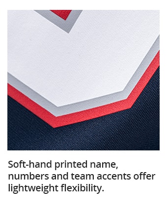 Soft-hand printed name, numbers and team accents offer lightweight flexibility.