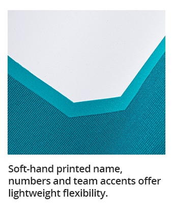 Soft-hand printed name, numbers and team accents offer lightweight flexibility.
