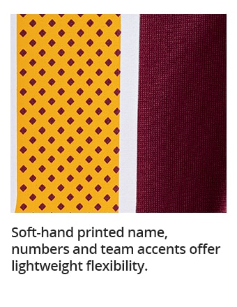 Soft-hand printed name, numbers and team accents offer lightweight flexibility.