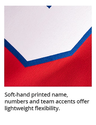Soft-hand printed name, numbers and team accents offer lightweight flexibility.