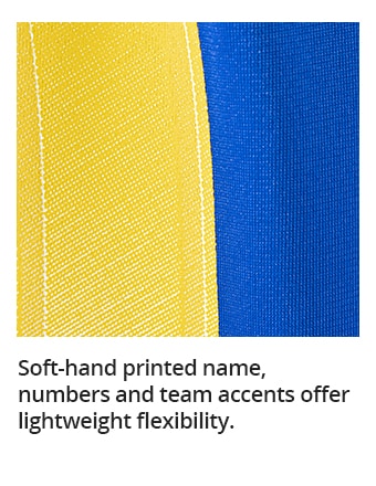 Soft-hand printed name, numbers and team accents offer lightweight flexibility.