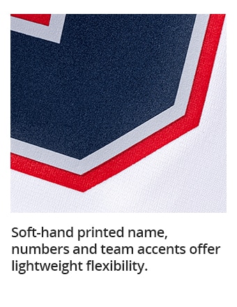 Soft-hand printed name, numbers and team accents offer lightweight flexibility.