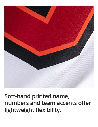 Soft-hand printed name, numbers and team accents offer lightweight flexibility.