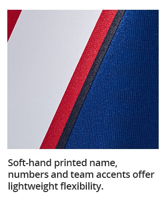 Soft-hand printed name, numbers and team accents offer lightweight flexibility.