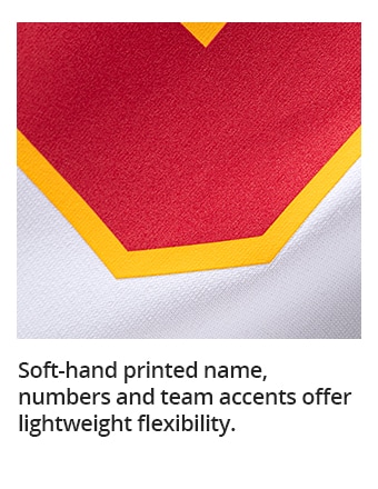Soft-hand printed name, numbers and team accents offer lightweight flexibility.