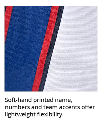 Soft-hand printed name, numbers and team accents offer lightweight flexibility.