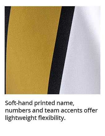 Soft-hand printed name, numbers and team accents offer lightweight flexibility.