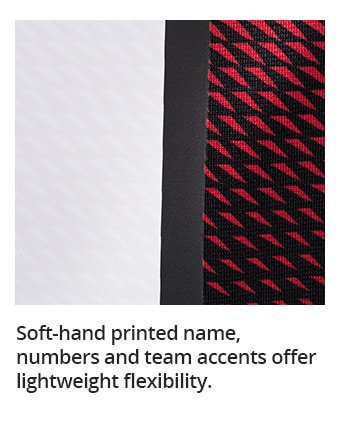 Soft-hand printed name, numbers and team accents offer lightweight flexibility.