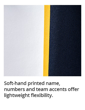 Soft-hand printed name, numbers and team accents offer lightweight flexibility.