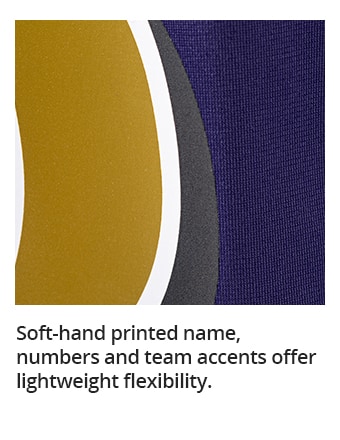 Soft-hand printed name, numbers and team accents offer lightweight flexibility.