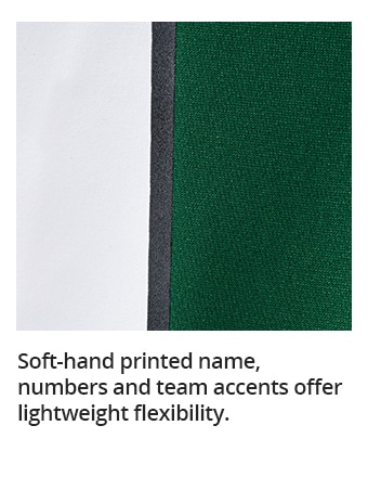 Soft-hand printed name, numbers and team accents offer lightweight flexibility.